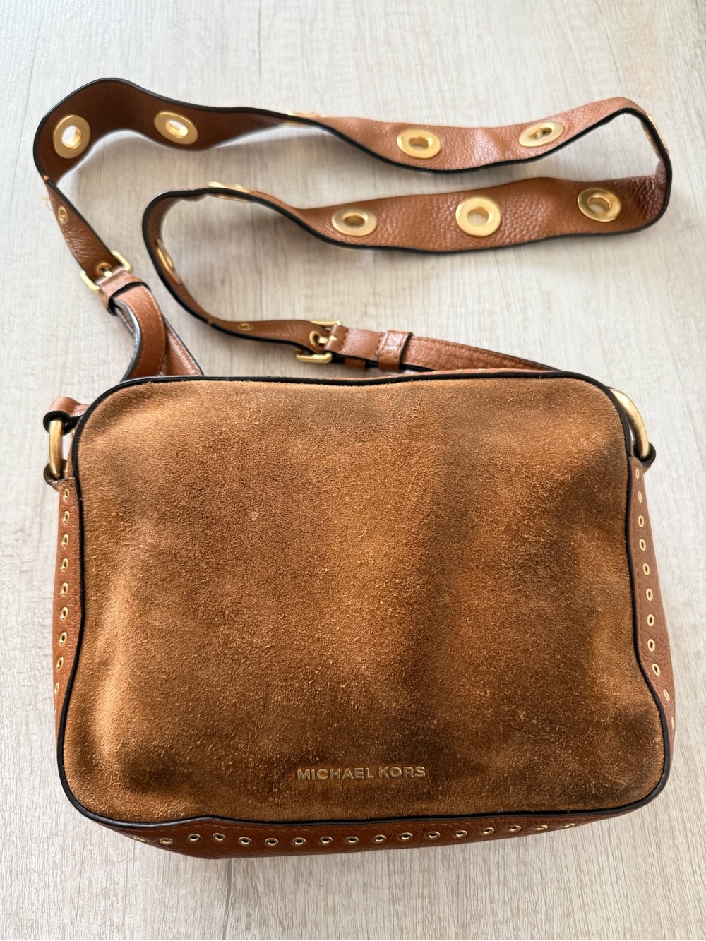 Michael Kors Tan Brown Suede Messenger Bag with Gold Grommet Strap